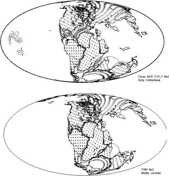 중생대 고지자기 복원모델의 예(Royer et al., 1992). 동아시아 부분은 우측 경계부에 위치하고 있으며, 180 Ma와 132 Ma 사이에 거의 위치 변화가 없는 것으로 도시되어 있다