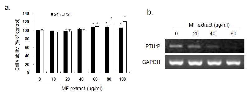 Fig. 37. Effects of MF extract on cell viability and PTHrP mRNA expression in MDA-MB-231 human metastatic breast cancer cells