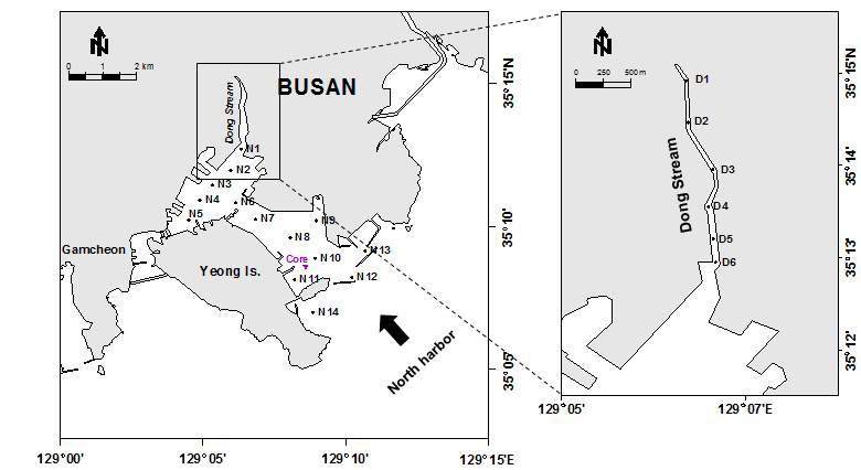 그림 6.1. 부산 북항과 동천 시료 채취 정점