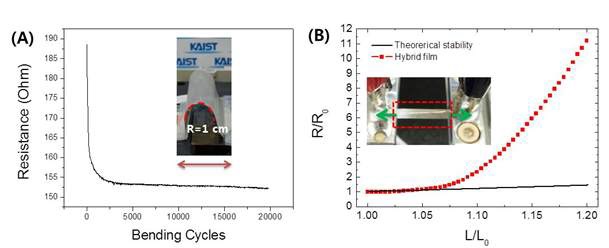 그림 39. 은 나노와이어와 전도성 폴리머 하이브리드 필름의 신축성과 유연성 테스트