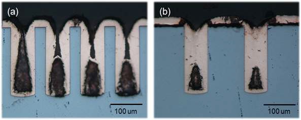 그림 56. OM images of TSV via electroplated with (a)5 mA/cm2. (b)10mA/cm2 Pulse for 4hours