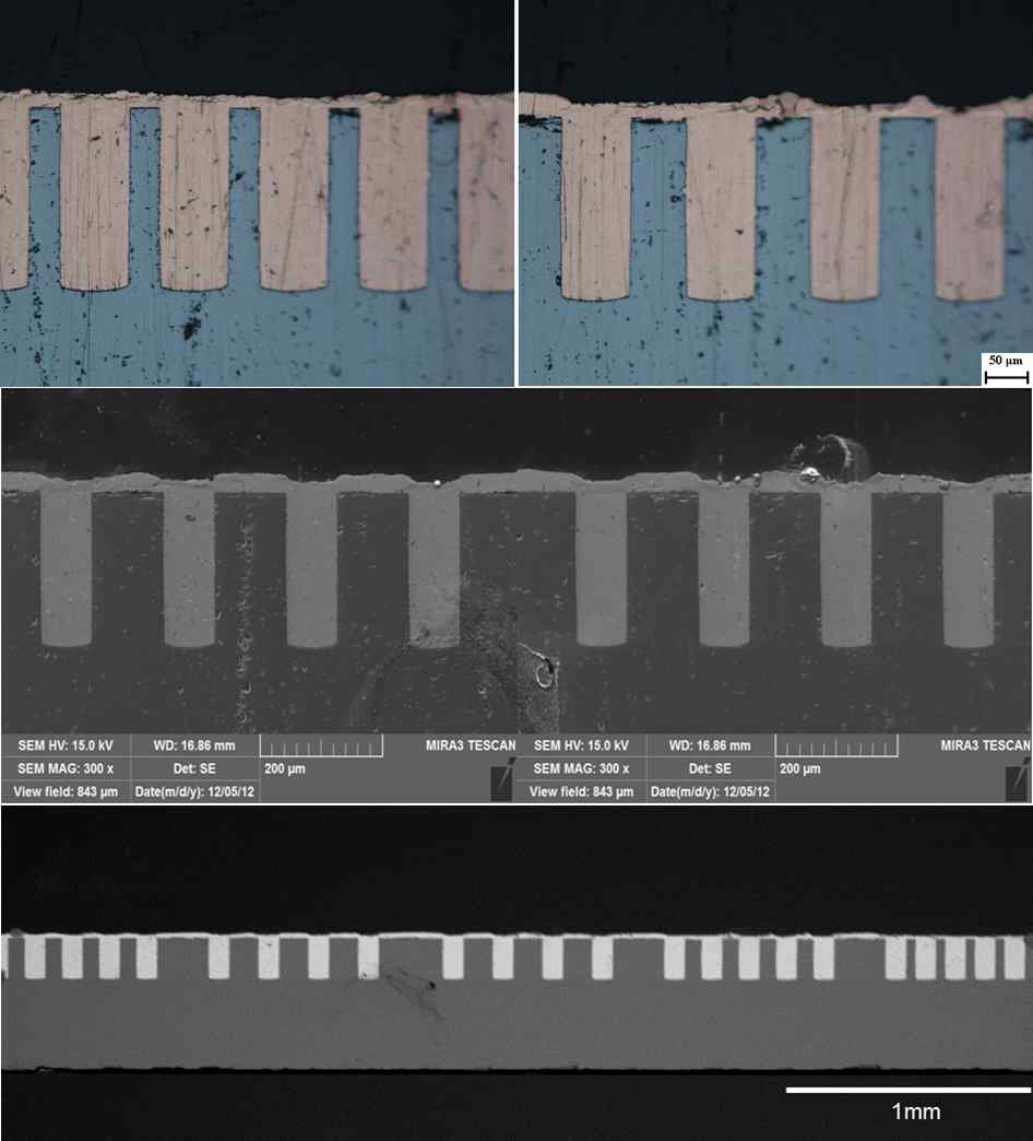 그림 57. SEM and OM images of TSV via electroplated with 10 mA/cm2 Pulse for 4hours