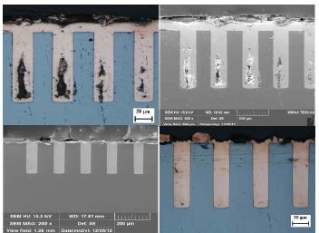 그림 58. OM and SEM images of 50μm TSV via electroplated with 10mA/cm2 pulse for 4hours