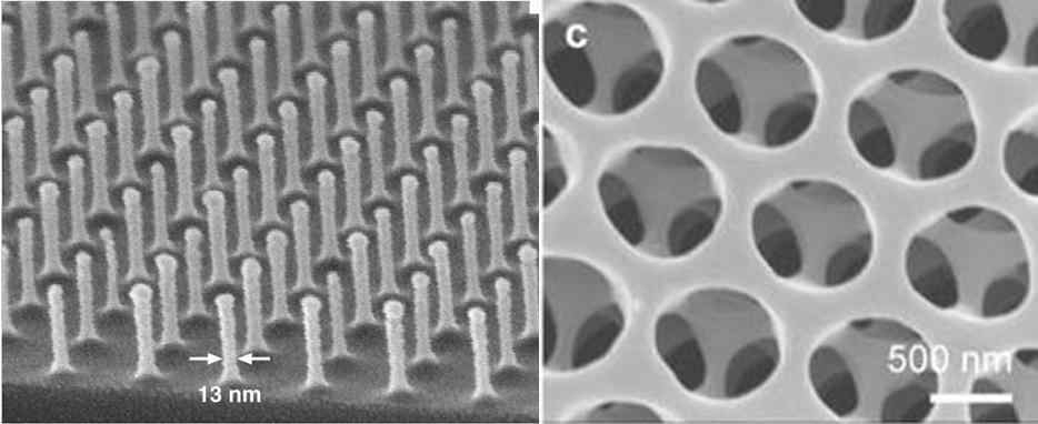 100 nm주기의 나노 필라 (에칭공정을 통한 실리콘 패턴, MIT) 및 3중 간섭을 이용한 폴리머 (SU-8) 입체 구조