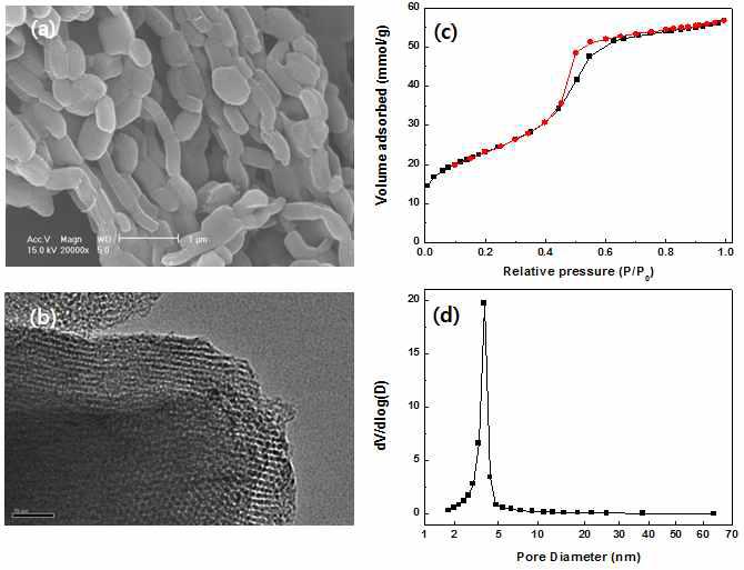 메조기공 CMK-3의 (a) SEM, (b) TEM, (c) 질소흡착곡선, (d) 기공크기분포