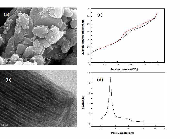 이중 기공분포의 메조기공 AlCMK의 (a) SEM, (b) TEM, (c) 질소흡착곡선, (d) 기공크기분포