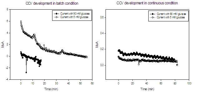 배치모드에서 발생되는 전류 (좌) 및 연속식 모드에서 발생되는 전류 (우) 상관곡선