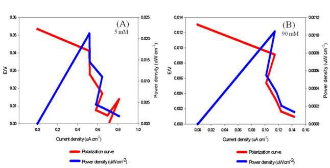 배치모드에서 측정된 글루코스 농도(5mM(A), 90mM(B))에 따른 전압-전류밀도 및 전력밀도-전류밀도 상관곡선