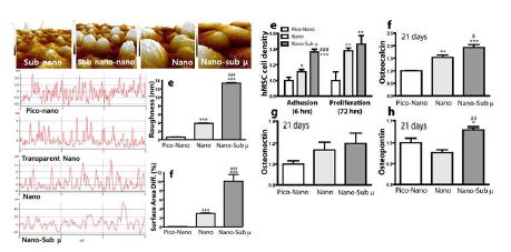 나노 표면의 형상 및 거칠기를 조절하여 친수성 단백질 흡착을 조절. 세포의 생체 적합성을 대폭 향상시키고 메커니즘을 분석함.