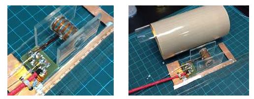제작된 RF coil의 확대 사진(왼쪽)과 RF coil과 RF shielder의 사진(오른쪽)