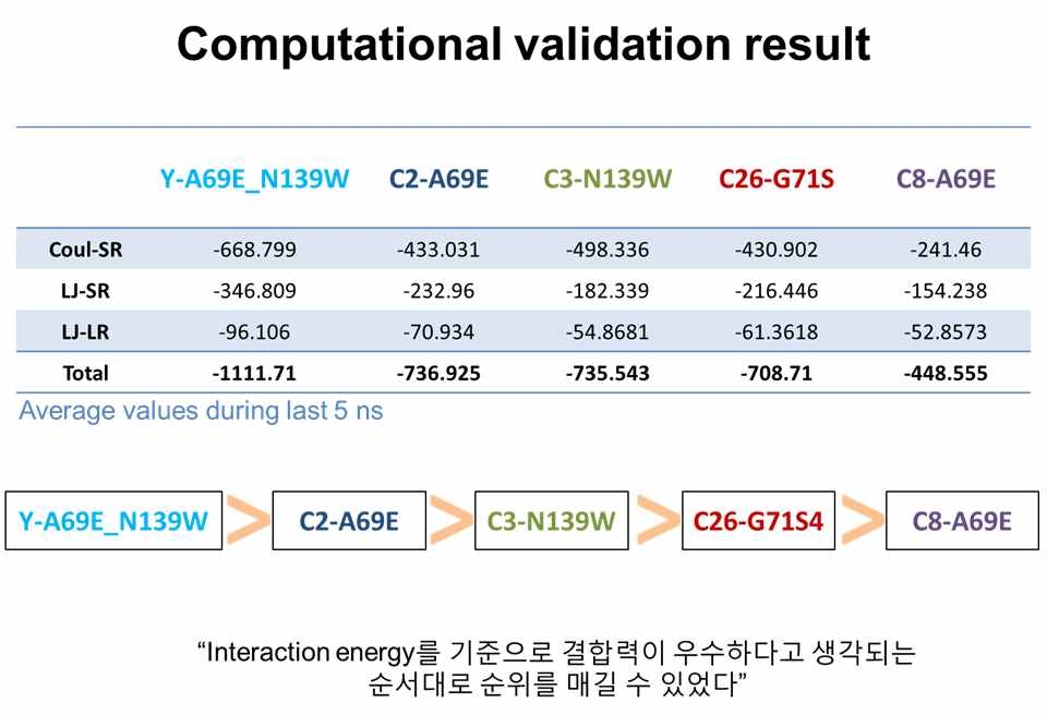 계산 검증 결과. Interaction energy를 기준으로 결합력이 우수하다고 생각되는 순서대로 순위를 선정