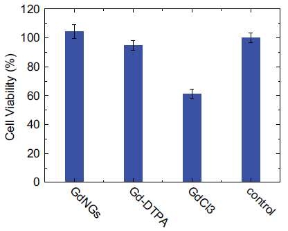 (좌) Gd-나노겔, Gd-DTP, GdCl3의 세포 독성 비교. (우) Gd-나노겔에서 방출되는 Gd3+이온의 양 변화 그래프(pH7.4, 10%의 FBS를 포함한 PBS