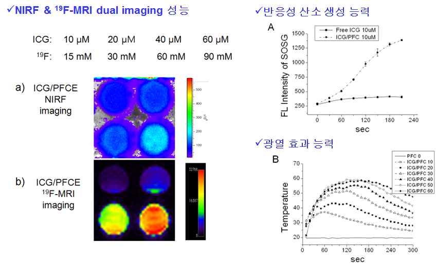 플로린 하이브리드 소재의 형광 영상과 MRI 영상(왼쪽). 소재의 반응성 산소 생성 능력과 광열효과 능력(오른쪽)