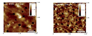 (a)PTDTTDPP:PC61BM 박막과 (b)PTDTTTDPP:PC61BM 박막의 AFM 이미지.