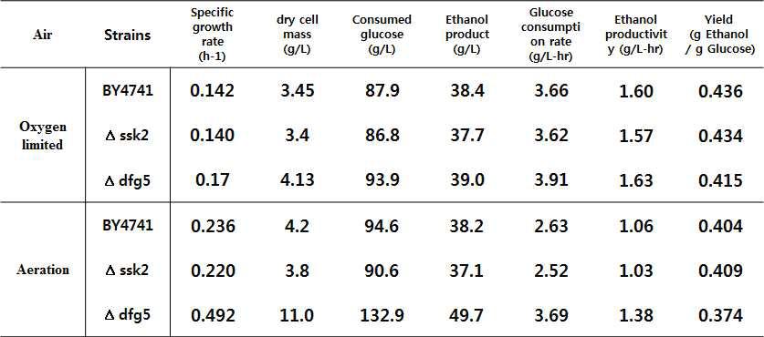 산소조건에 따른 야생균주 S. cerevisiae BY4741, 재조합 효모 S. cerevisiae BY4741△ssk2, BY4741△dfg5 균주의 YPD200 배지를 이용한 회분식 배양 결과