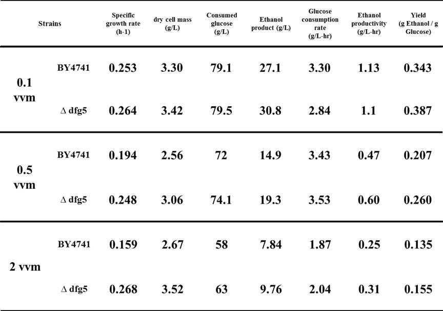 다양한 산소조건에서 야생균주 S. cerevisiae BY4741, 재조합 효모 S. cerevisiae BY4741△ssk2, BY4741△dfg5 균주와 발효기를 이용하고 40oC, 1L YNBD100에서 수행한 회분식 배양 결과