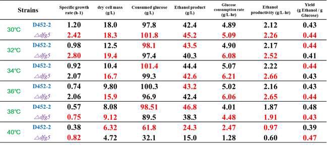 야생균주 S. cerevisiae D452-2, 재조합 효모 S. cerevisiae D452-2 △dfg5 균주를 이용한 40oC, 1L YNBD100에서의 발효기 회분식 배양 결과
