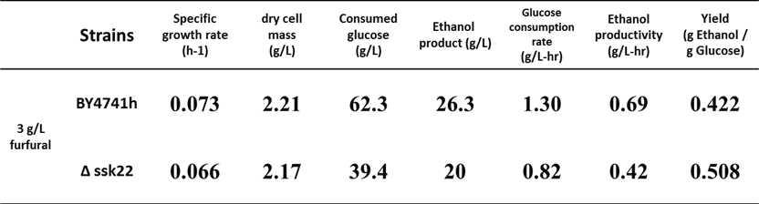 Furfural 농도에 따른 야생균주 S. cerevisiae BY4741, 재조합 효모 S. cerevisiae AA311균주의 세포성장과 에탄올 생산성 영향 분석