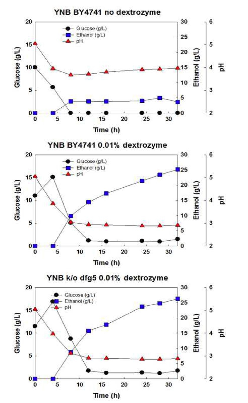 야생균주 S. cerevisiae BY4741과 재조합 효모 S. cerevisiae BY4741 △dfg5 균주를 이용하고 제한배지 YNB에 100 g/L liquefied soluble starch, 0.01%(w/v) dextrozyme를 첨가한 배지를 이용하고, 40oC와 80rpm의 산소제한조건에서 실시한 HT-SSF 공정