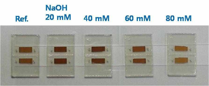 Modified SILAR 방법에서 사용한 NaOH 용액의 농도에 따른 PbS 증착후 TiO2 광전극 사진