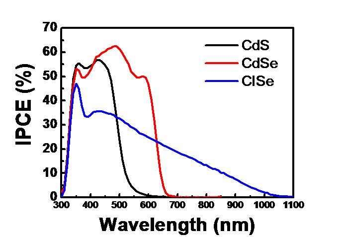 3가지 양자점을 개별적으로 증착한 QDSC의 IPCE 스펙트럼