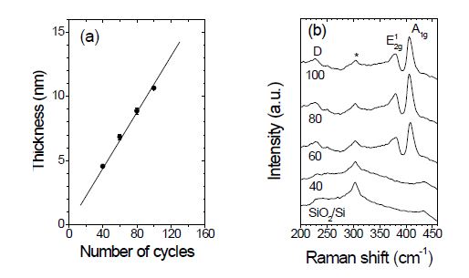 증착 사이클에 따른 두께(a) 및 라만 스펙트럼(b)