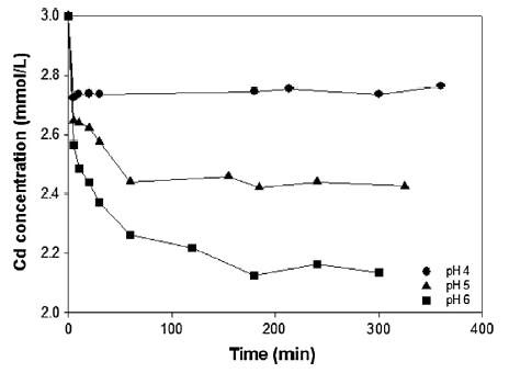 Fig. 3. Dynamics of batch Cd biosorption at different pH values