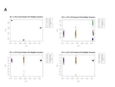 그림 2. A) The principal component analysis (PCA) of 1,265 samples and 194 reference DNA samples from HapMap. B) Plots of first eight principal components from the principal components analysis using 1,265 participant samples