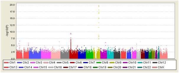 그림 4. Summary of the genome-wide association results in 532 cases and 733 controls