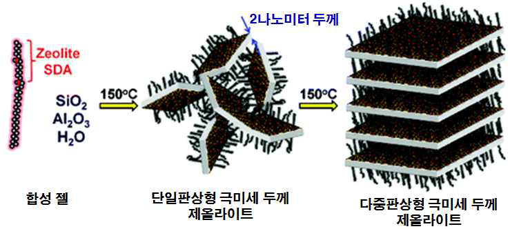 극미세 두께의 제올라이트 형성에서 합성시간에 따른 메조구조변 화를 나타낸 도식도. 불규칙적으로 얽힌 단일층상형 구조의 제올라이트가 시 간이 지남에 따라 규칙적인 층상배열을 이루는 다중판상형 구조로 변한다.