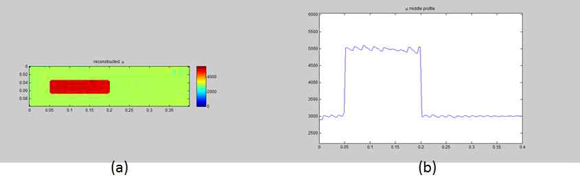 그림7.Direct Inversion 기법으로 복원된 그림 6 모델의 Stiffness와 중앙의 Profile