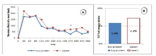 Figure 8. TEF curve at each 30-min over 6 hours after meal(A), TEF% of energy intake(B) Significant difference at *p<0.05