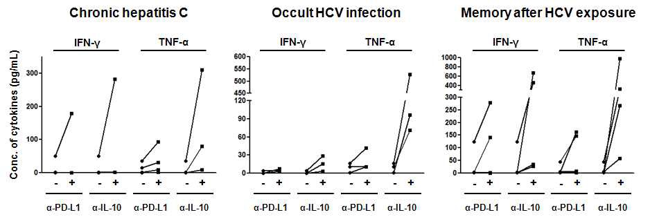 그림 15. 만성 C형간염(chronic hepatitis C), 잠복성 HCV 감염 (occult HCV infection), HCV 노출 후 기억 T세포반응 보유군(memory after HCV exposure)의 PBMC를 이용하여 T세포 억제-차단 시험을 시행한 결과