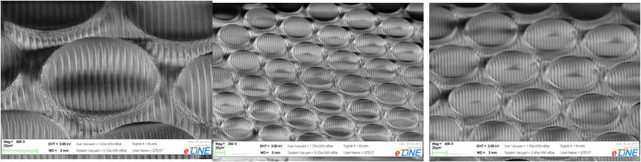 그림 3-18 나노-마이크로 하이브리드 패터닝 실험결과 : 80um 반구면체 렌즈 및 400nm 라인패턴의 SEM 형상