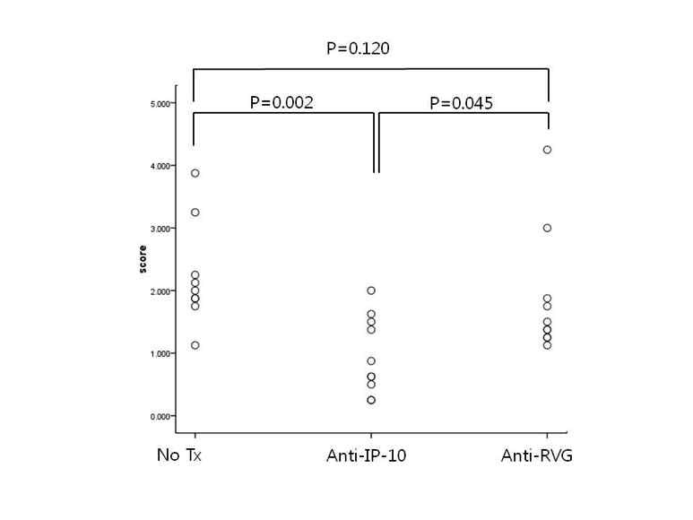 Fig. Reduced muscle inflammation in anti-IP-10 treate mice compared with control antibodies.