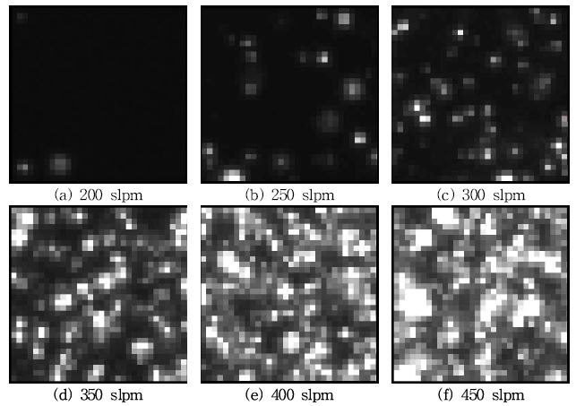 유량 증가에 따른 미소 영역 (32×32 pixels) 촬영 결과