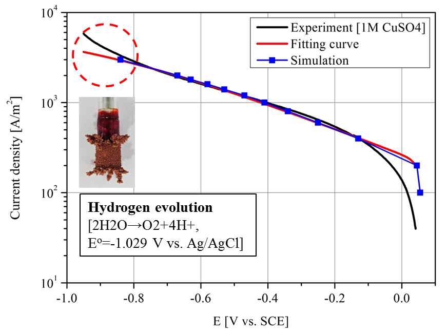 정적 셀에서의 구리 전착에 대한 음극분극곡선, 추세곡선, 전산 모사 결과의 비교