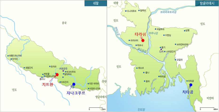 네팔과 방글라데시 예찰 지점(빨간색, 확정; 파랑색, 고려)