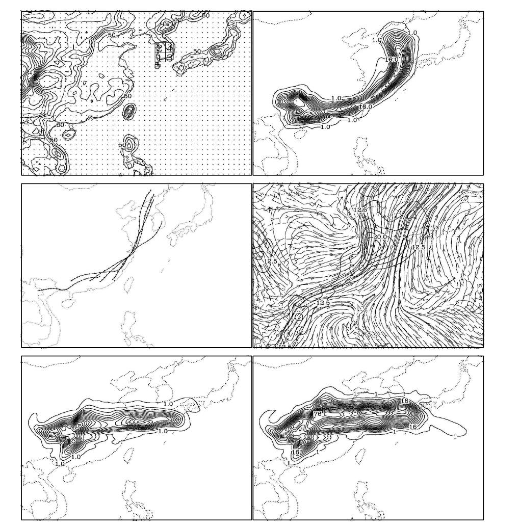 저층제트기류에 근거 한 이동성 해충의 이동모형의 개요 (2005년 6월 26~28일).