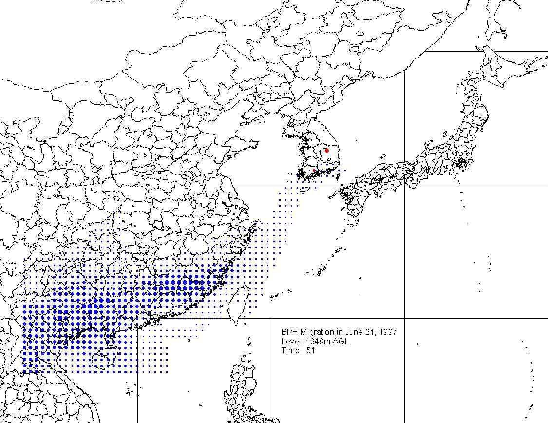 2006년 6월 27일의 벼멸구 구름 분포와 실재 채집상황