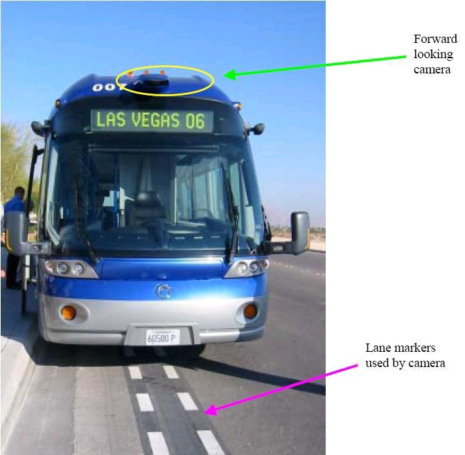 CIVIS bus with camera and lane markers on the road