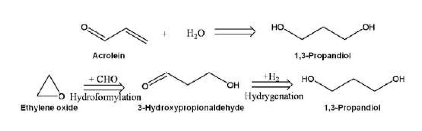 Fig. 1. Chemical conversion of acrolein and ethylene oxide to 1,3-propanediol.