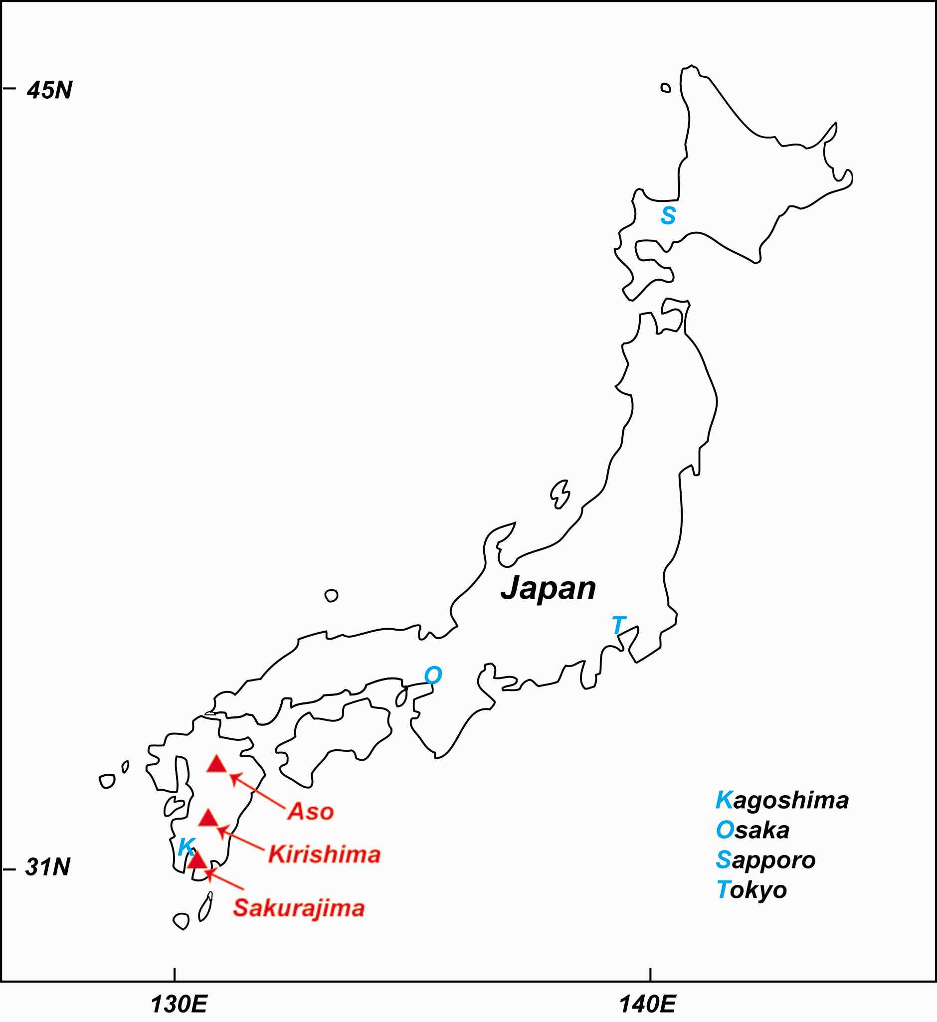 Figure 1. Sampling locations of active volcanoes in Japan