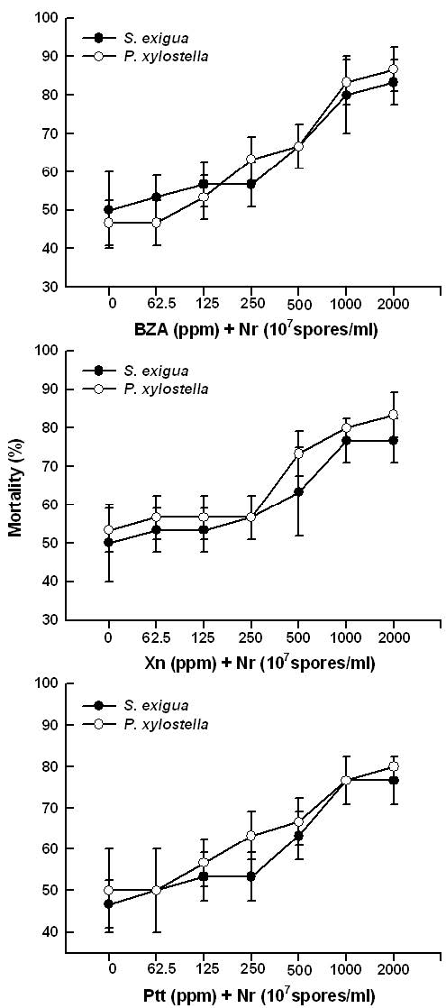 Fig. 8. Effect of different doses of PLA2 inhibitors on pathogenicity ofNomuraea rileyi (Nr) to 4th instar Plutella xylostella and 5th instarSpodoptera exigua. Fungal treatment used a leaf-dipping bioassay method.Mortality was measured at 7 days after treatment (DAT). Each treatment wasreplicated three times. Each replication consisted of 10 larvae. Different lettersabove standard deviation bars indicate significant difference among means atType I error = 0.05 (LSD test).