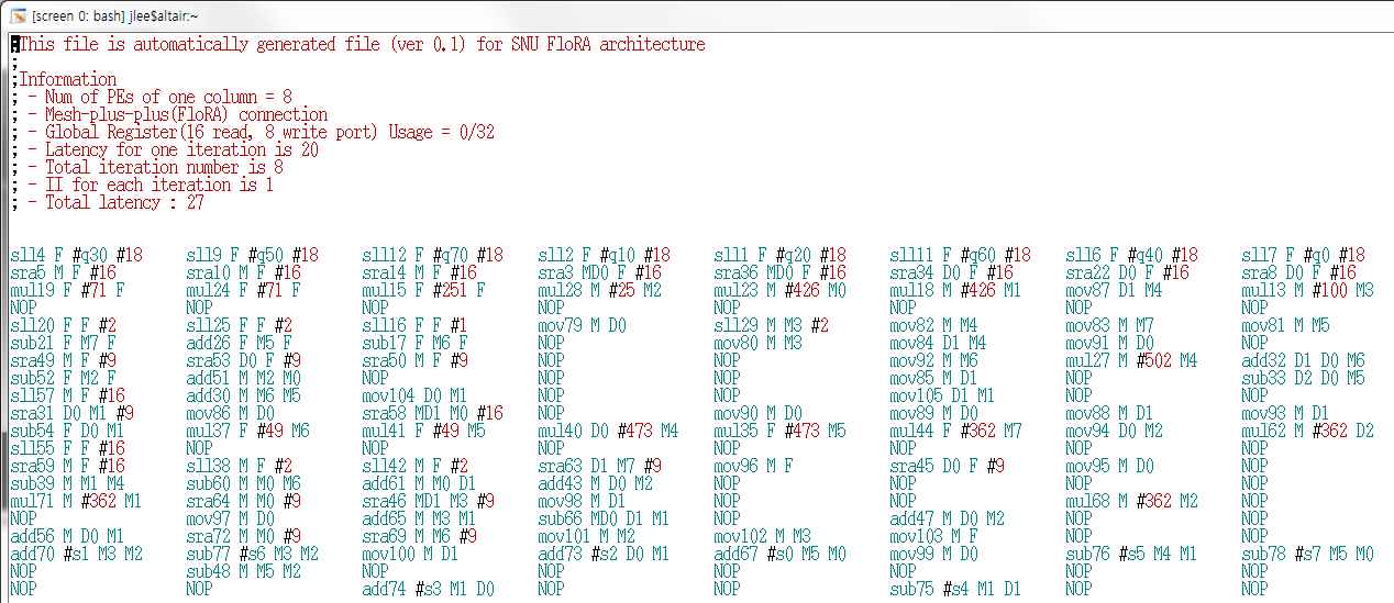 그림 6 CDFG로부터 컴파일을 통해서 생성한 CGRA 실행파일 (configuration).