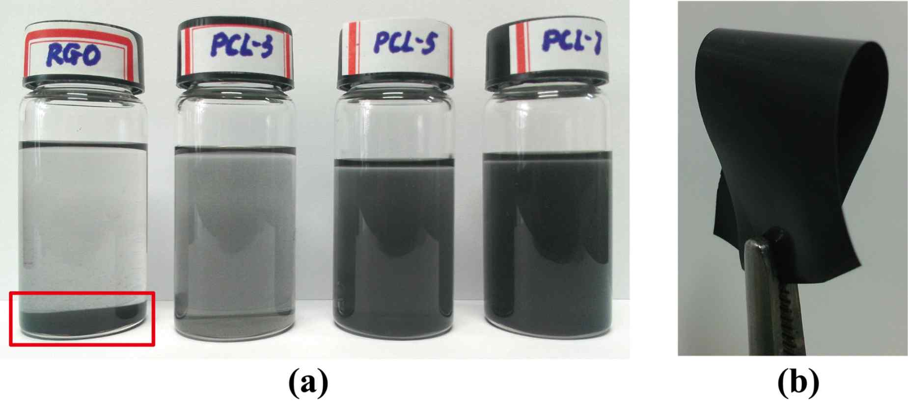 그림 10. (a) PCL/RGO 복합체의 클로로포름 용액에 대한 용해도 및 안정도 (숫자는 RGO의 무게 %) (b) PCL-8로 만든 honeycomb-patterned film의 안정도를 나타내는 flexibility