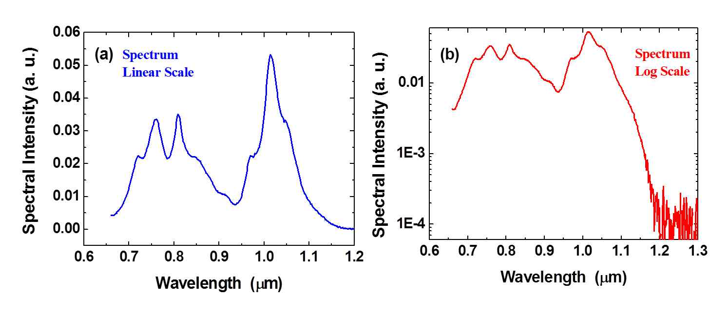 그림 3 개발된 공진기로부터 발생된 펄스의 (a) 선형 및 (b) 로그 스케일의 스펙트럼특성