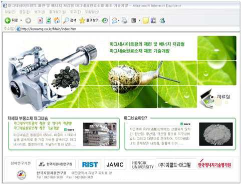 본 과제의 인터넷 홈페이지 메인화면 www.koreamg.co.kr