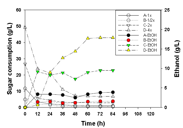 당화액 농축배수에 따른 발효영향 (B. custersii, 1% N-source. ●, A-tank (1x) ; ○, B-tank (1/2x) ; ▼, C-tank (2x) ; △, D-tank (4x))