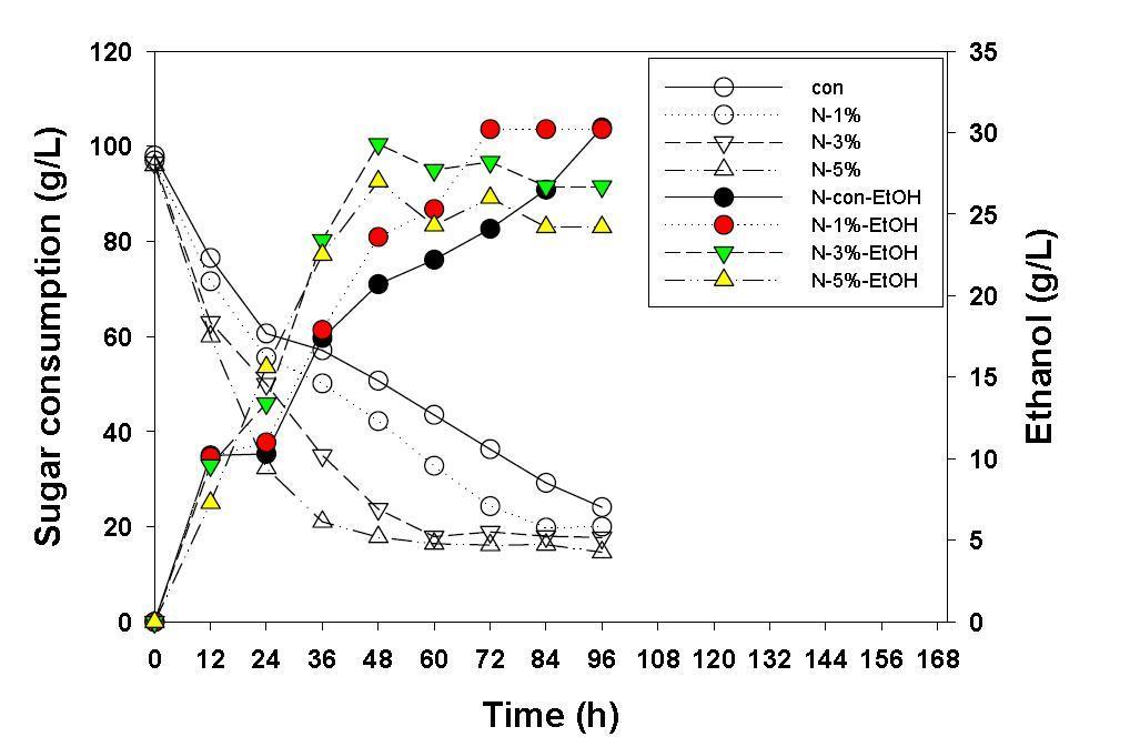 질소별 농도에 따른 발효영향 {(B. custersii, 10%, N-source (1~5%)}